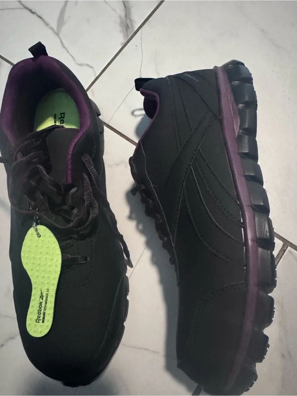 Steel toe Reebok Black Sneakers with Purple Lining and Green Insoles